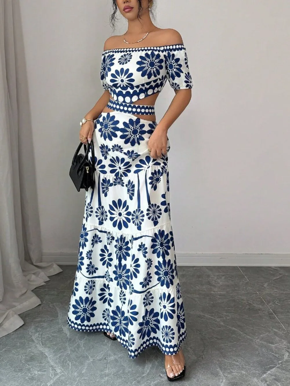 Blue Boho Women's Floral Print Off-Shoulder short Sleeve Hollow Waist Dress - Picture 6 of 7